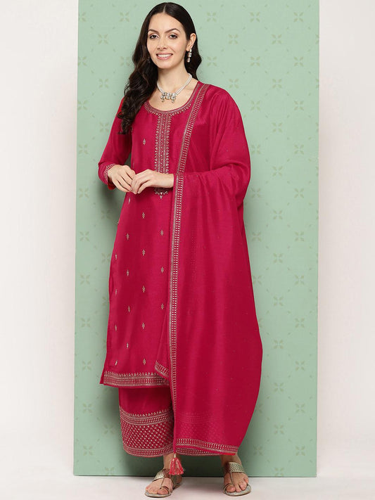 Pink Embroidered Silk Blend Straight Suit With Dupatta