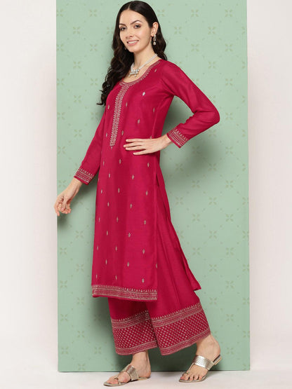 Pink Embroidered Silk Blend Straight Suit With Dupatta