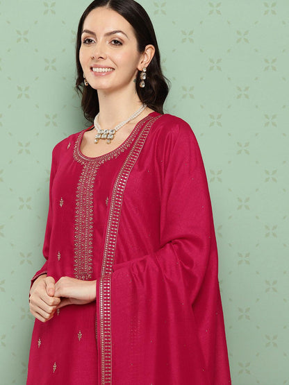 Pink Embroidered Silk Blend Straight Suit With Dupatta