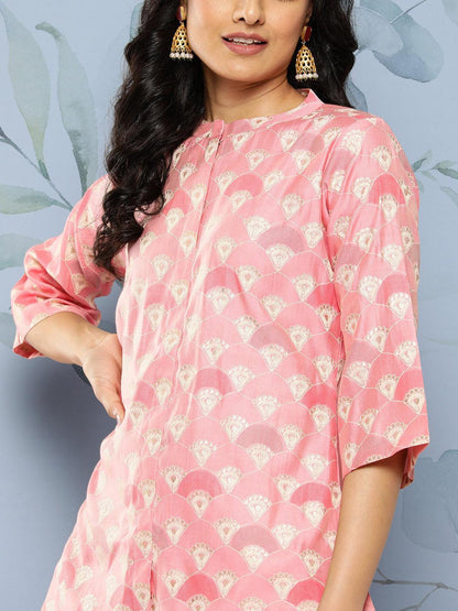 Pink Printed Silk Blend Top Tunic With Trousers