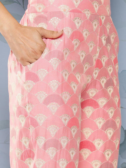 Pink Printed Silk Blend Top Tunic With Trousers