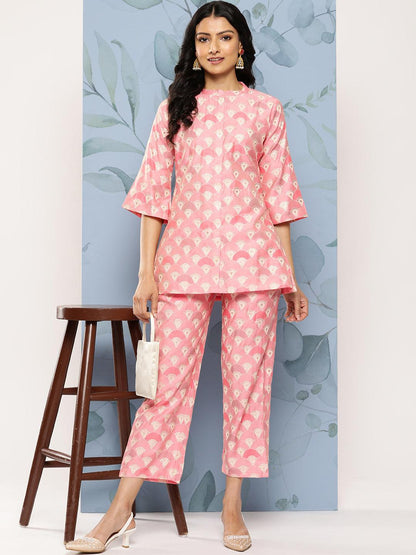 Pink Printed Silk Blend Top Tunic With Trousers