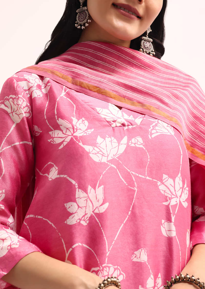 Pink Chanderi Kurta Set With Dupatta