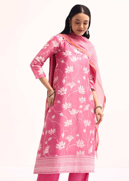 Pink Chanderi Kurta Set With Dupatta