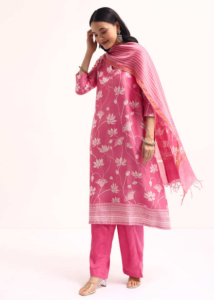 Pink Chanderi Kurta Set With Dupatta