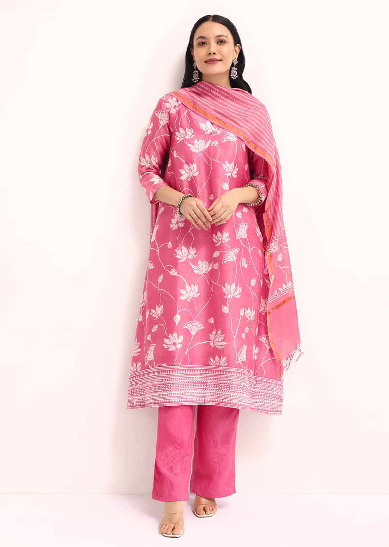 Pink Chanderi Kurta Set With Dupatta