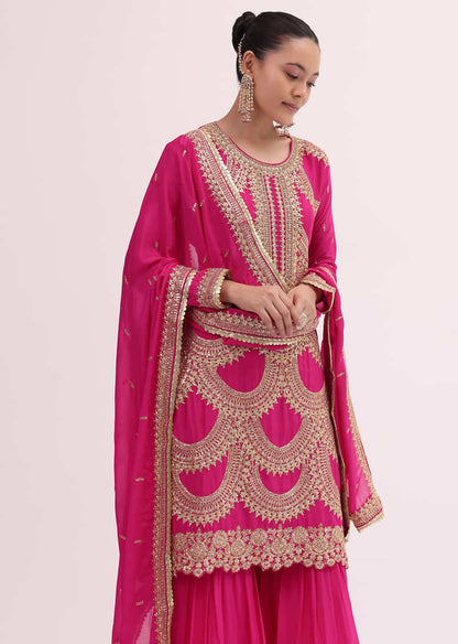 Pink Embroidered Kurta Sharara Set