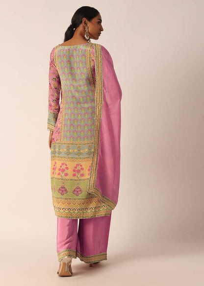 Pink Silk Embroidered Kurta Palazzo Set With Gota Patti