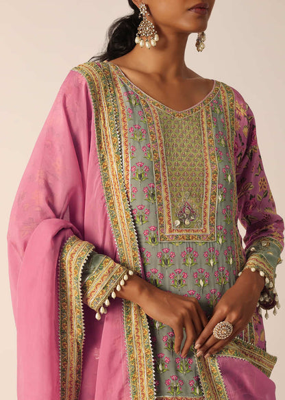 Pink Silk Embroidered Kurta Palazzo Set With Gota Patti