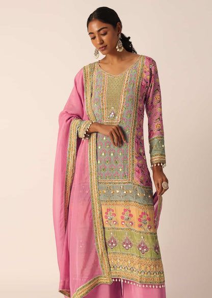 Pink Silk Embroidered Kurta Palazzo Set With Gota Patti