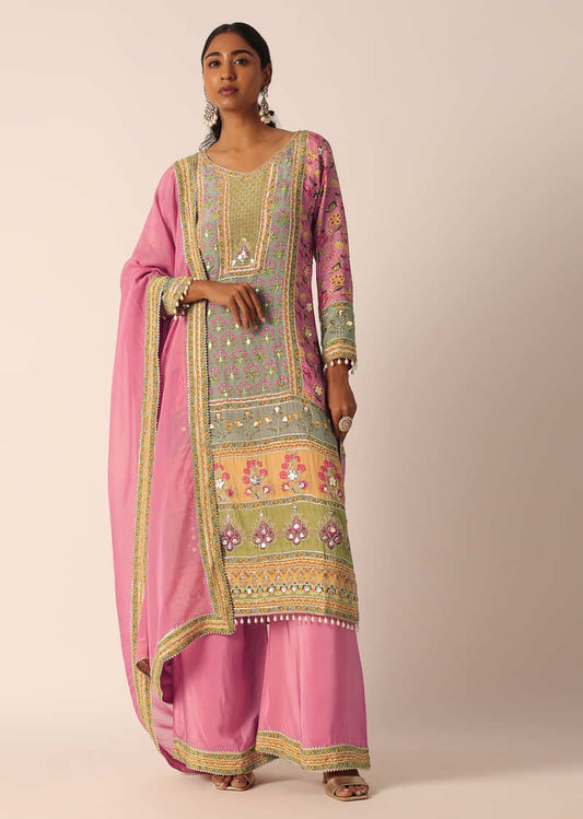 Pink Silk Embroidered Kurta Palazzo Set With Gota Patti