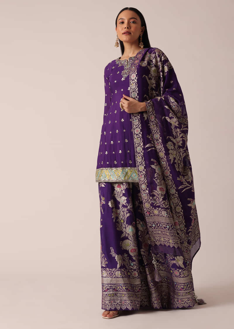 Purple Chanderi Kurta Palazzo Set With Cutdana Work