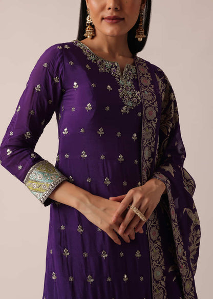 Purple Chanderi Kurta Palazzo Set With Cutdana Work