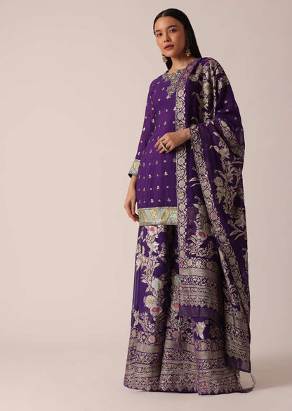 Purple Chanderi Kurta Palazzo Set With Cutdana Work