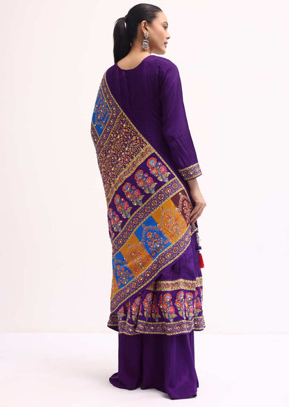 Purple Embroidered Crepe Kurta Palazzo Set