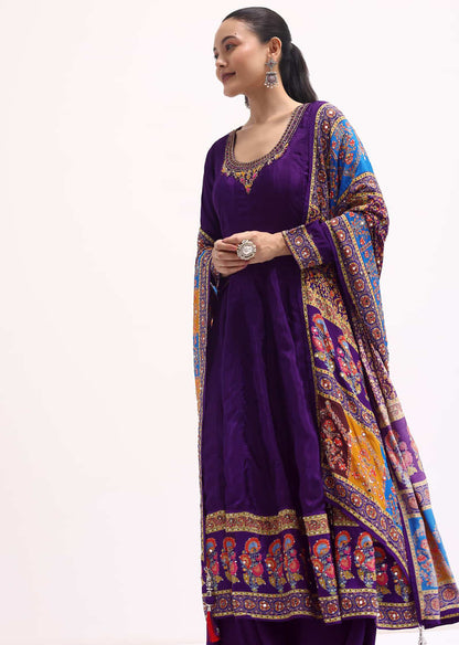 Purple Embroidered Crepe Kurta Palazzo Set