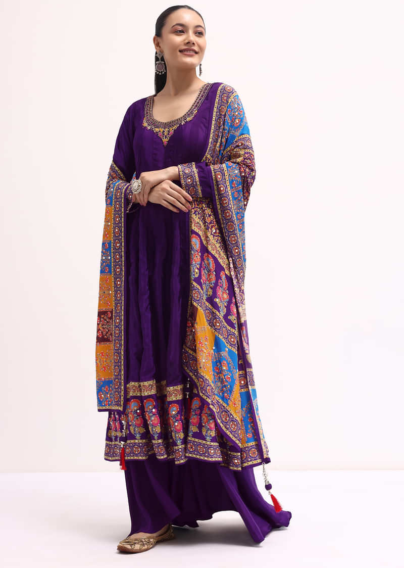 Purple Embroidered Crepe Kurta Palazzo Set