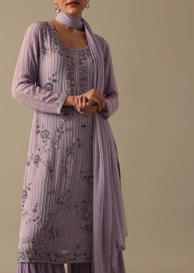 Purple Kurta And Sharara Set With Beaded Detail