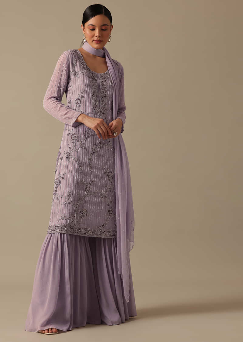 Purple Kurta And Sharara Set With Beaded Detail