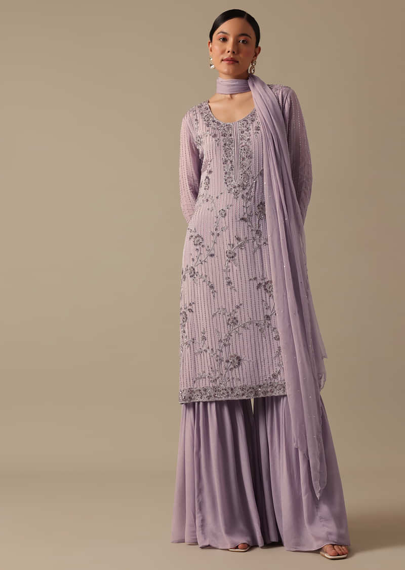 Purple Kurta And Sharara Set With Beaded Detail