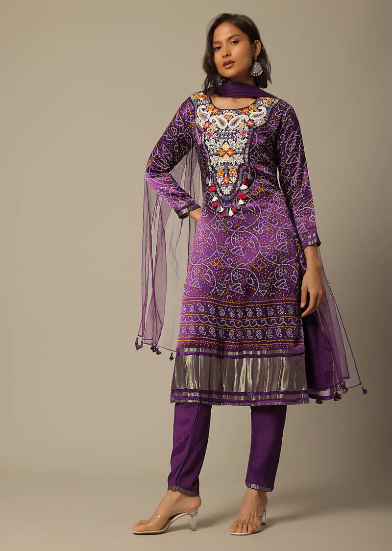 Purple Pant Set With Bead Embroidery