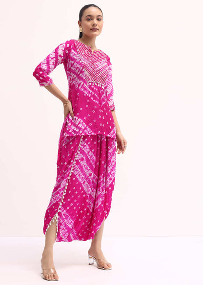 Rani Pink Printed Tussar Kurta Dhoti