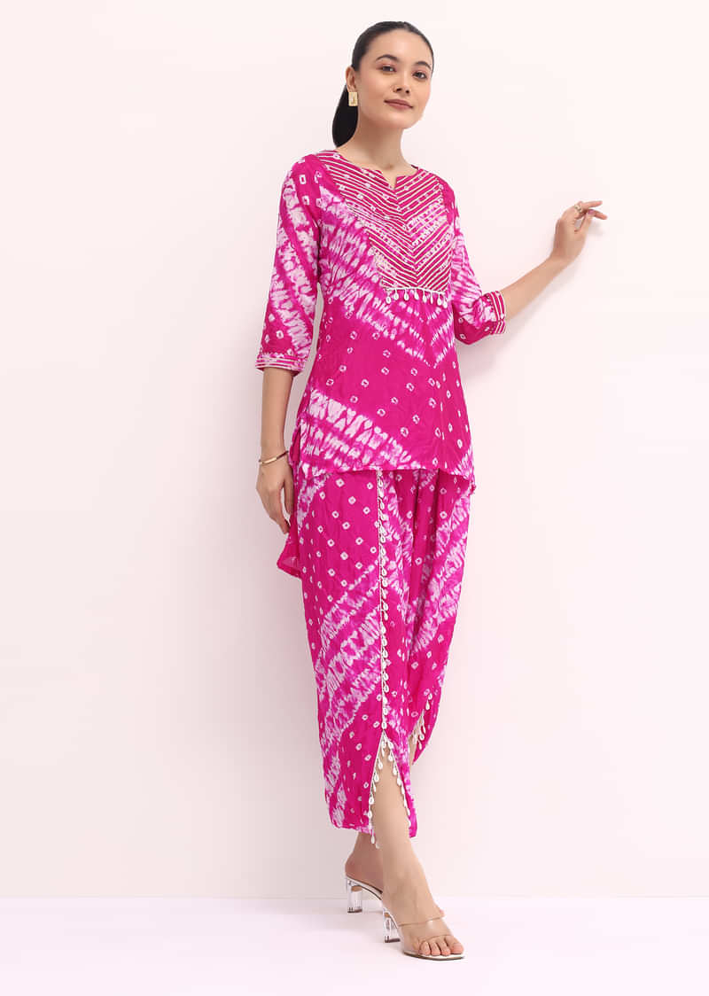 Rani Pink Printed Tussar Kurta Dhoti