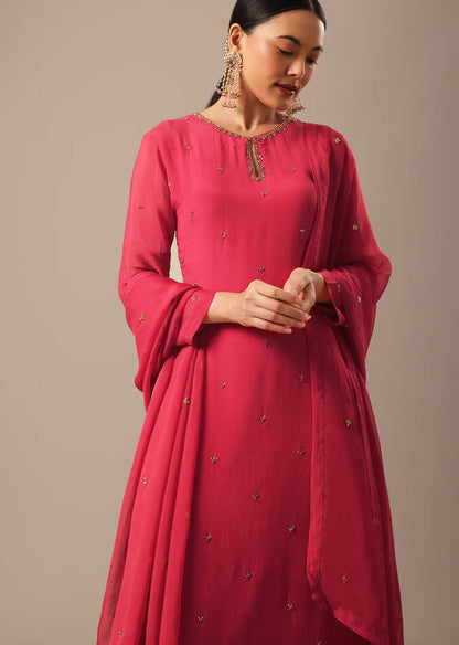 Red Kurta Set With Hand Embroidery And Organza Dupatta