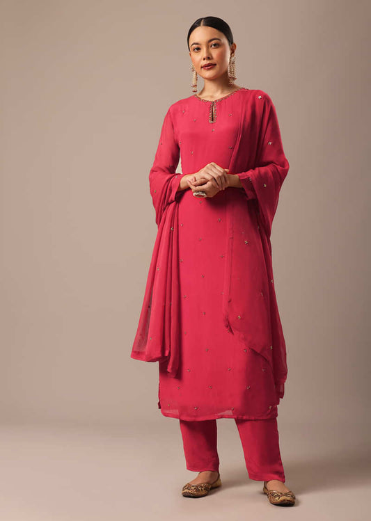 Red Kurta Set With Hand Embroidery And Organza Dupatta