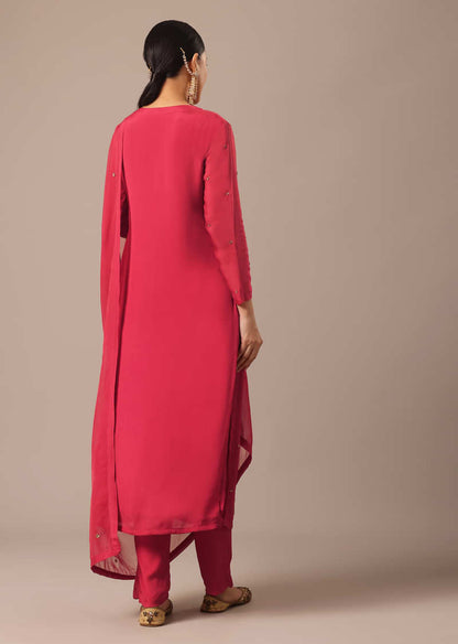 Red Kurta Set With Hand Embroidery And Organza Dupatta