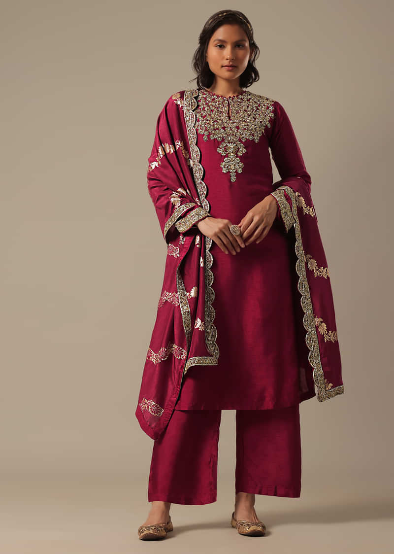 Red Palazzo Set With Brocade Dupatta