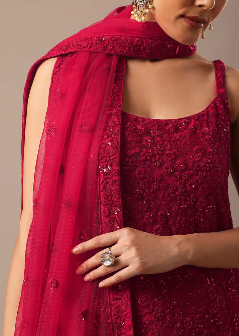 Red Sequin Embellished Kurta Palazzo Set