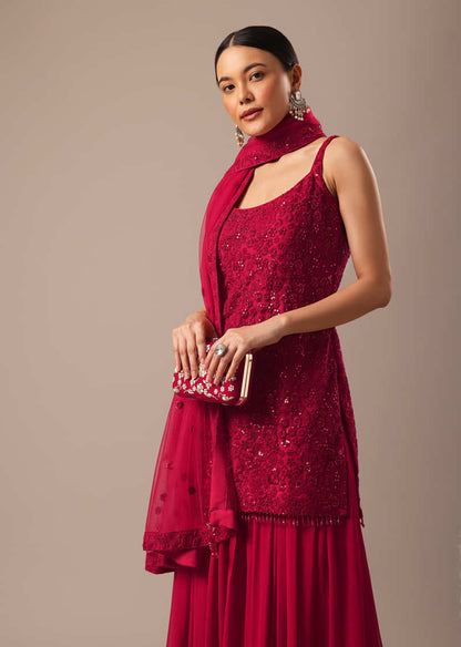 Red Sequin Embellished Kurta Palazzo Set