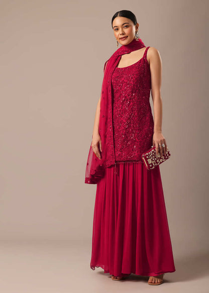 Red Sequin Embellished Kurta Palazzo Set