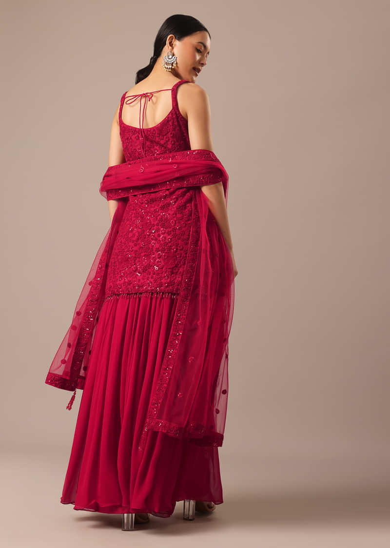 Red Sequin Embellished Kurta Palazzo Set