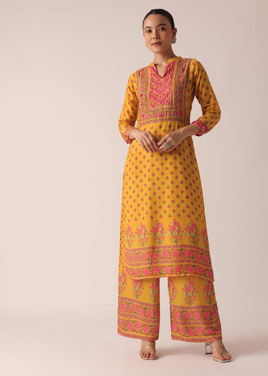 Yellow Kurta And Pant Set With Printed Detail