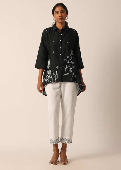 Black Cotton Embroidered Shirt And Pant Set