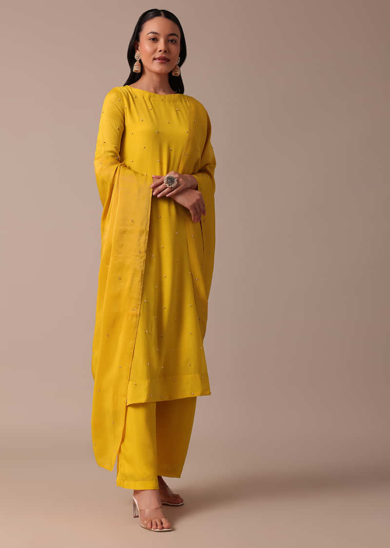 Yellow Pant Set In Chiffon With Sequin Work Kurta