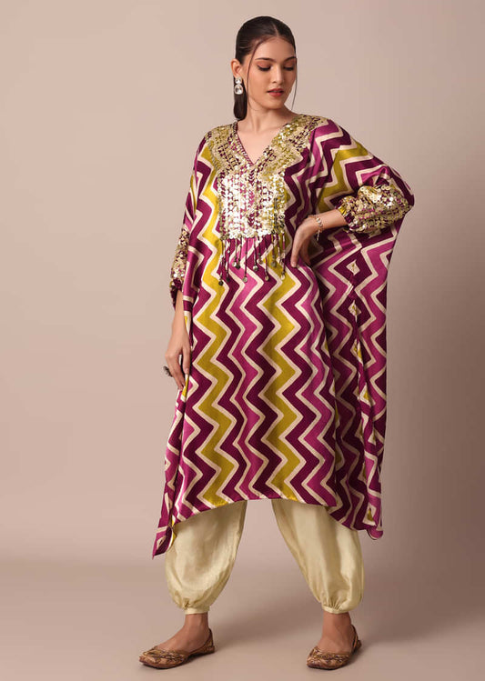 Elegant Wine And Yellow Chevron Printed Sequins Embroidered Boho Kaftan With Salwar Set