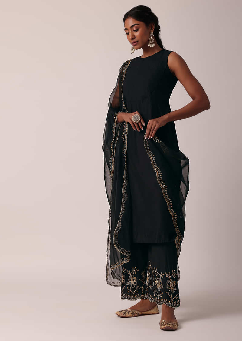 Black Zari Embroidered Palazzo Set With A Line Kurta