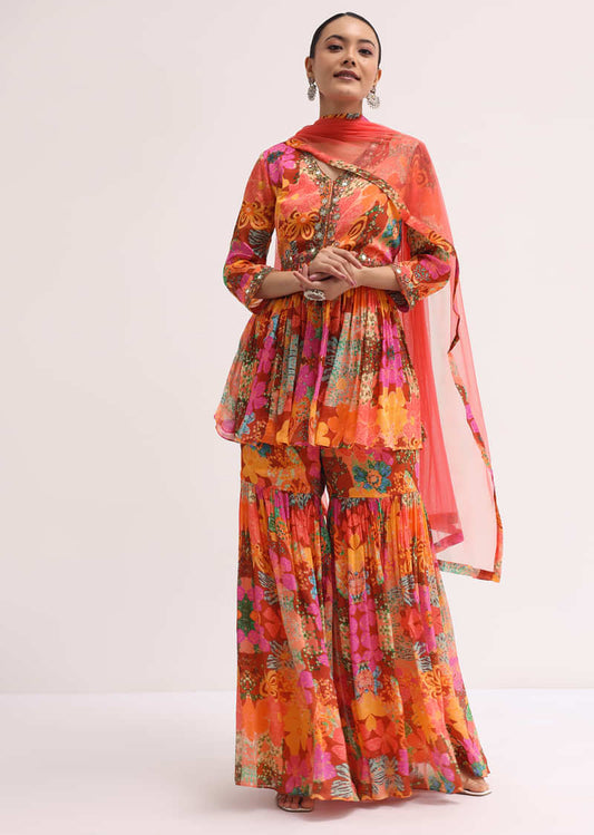 Orange Printed Chiffon Kurta Sharara Set