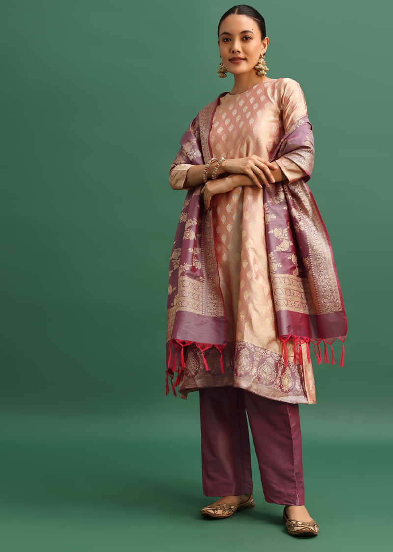 Beige And Lavender Chanderi Banarasi Woven Kurta Set With Dupatta