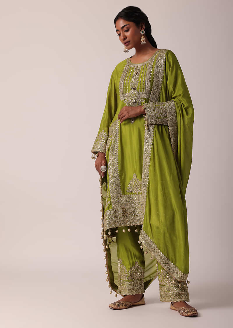 Green Chiffon Pant Set With Zardozi Work Kurta