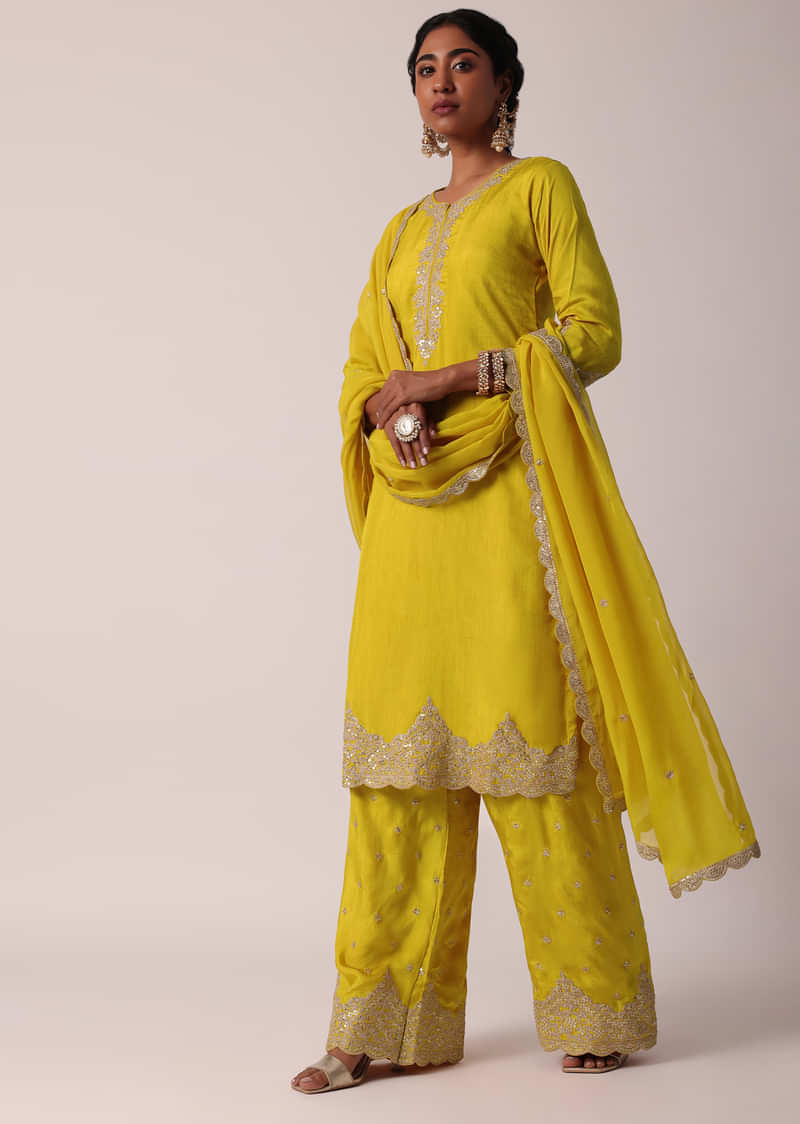 Yellow Silk Embroidered Palazzo Set With Organza Dupatta