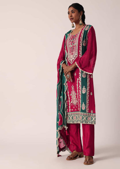 Teal Silk Pakistani Pant Set With Zari Work