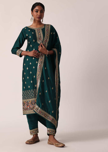 Teal Green Pant Set In Chanderi With Sequin Work