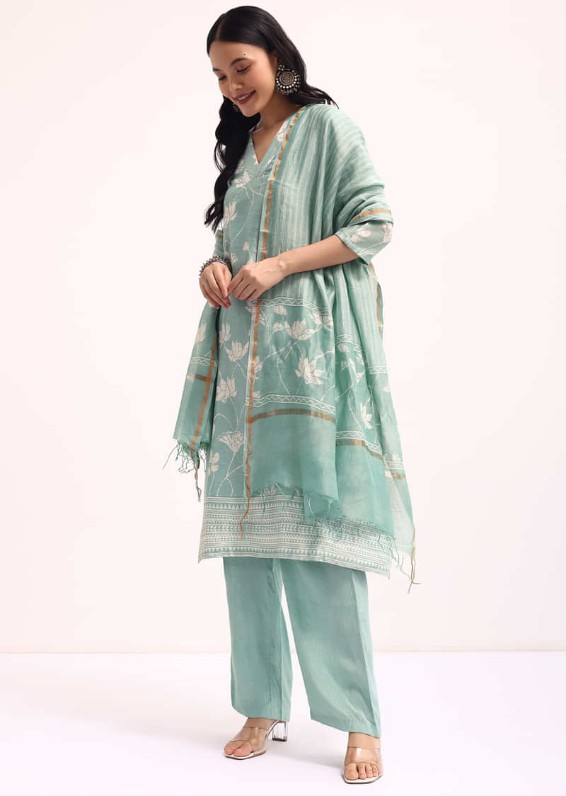 Mint Green Printed Chanderi Kurta Set With Dupatta