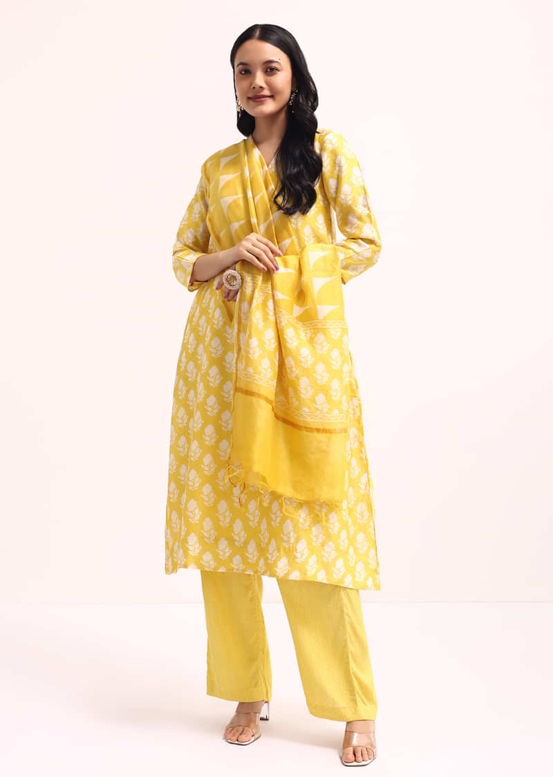 Yellow Block Printed Chanderi Kurta Set With Dupatta