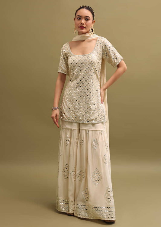 Ivory Georgette Kurta Sharara Set In Mirror Work