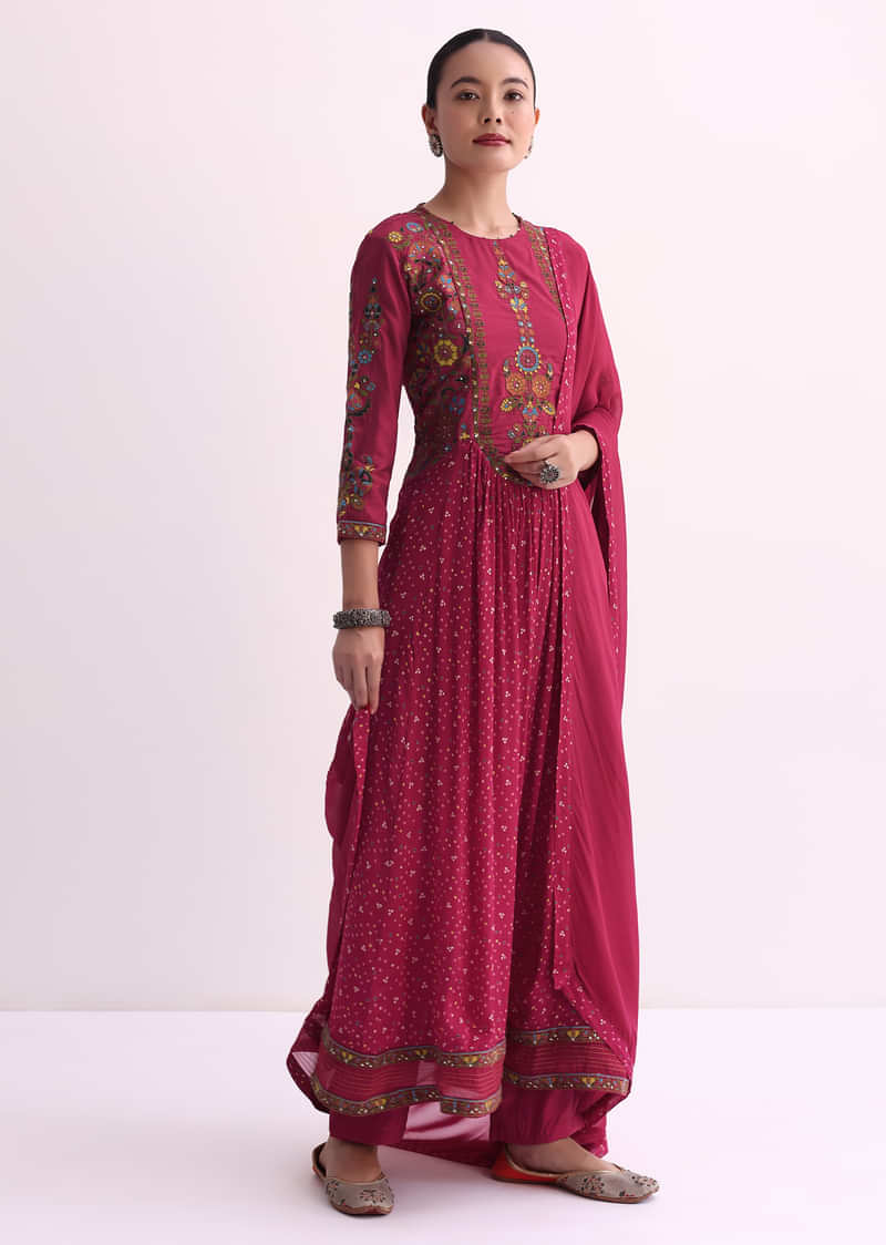 Red Chiffon Kurti Pant Set With Dupatta And Resham Thread Work